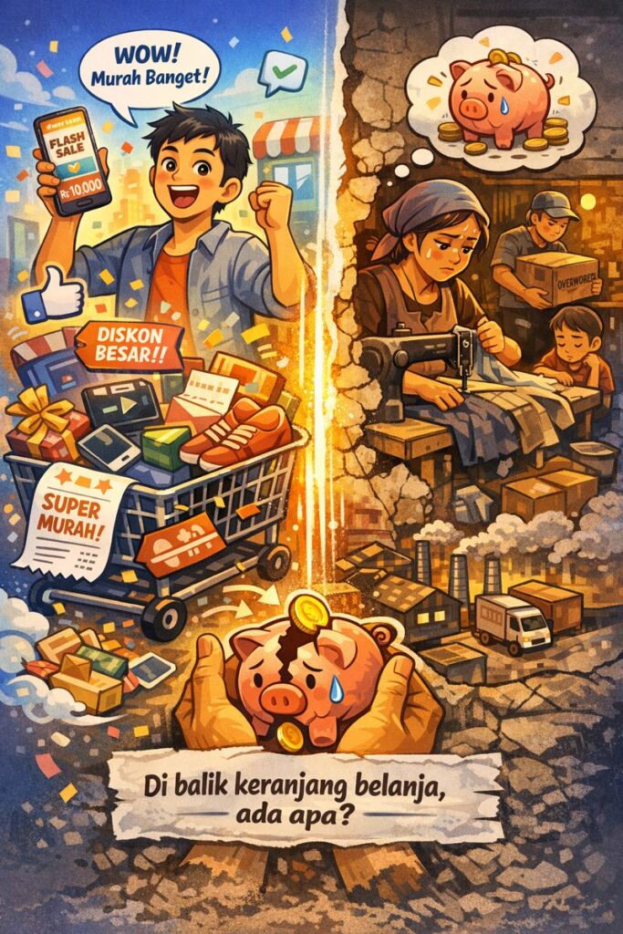 Ilustrasi kontras belanja online murah di marketplace: di satu sisi pembeli bahagia mendapat diskon besar, di sisi lain pekerja kecil menjahit dalam kondisi berat—menggambarkan pertanyaan tentang siapa yang menanggung harga murah dan makna berkah di balik keranjang belanja.