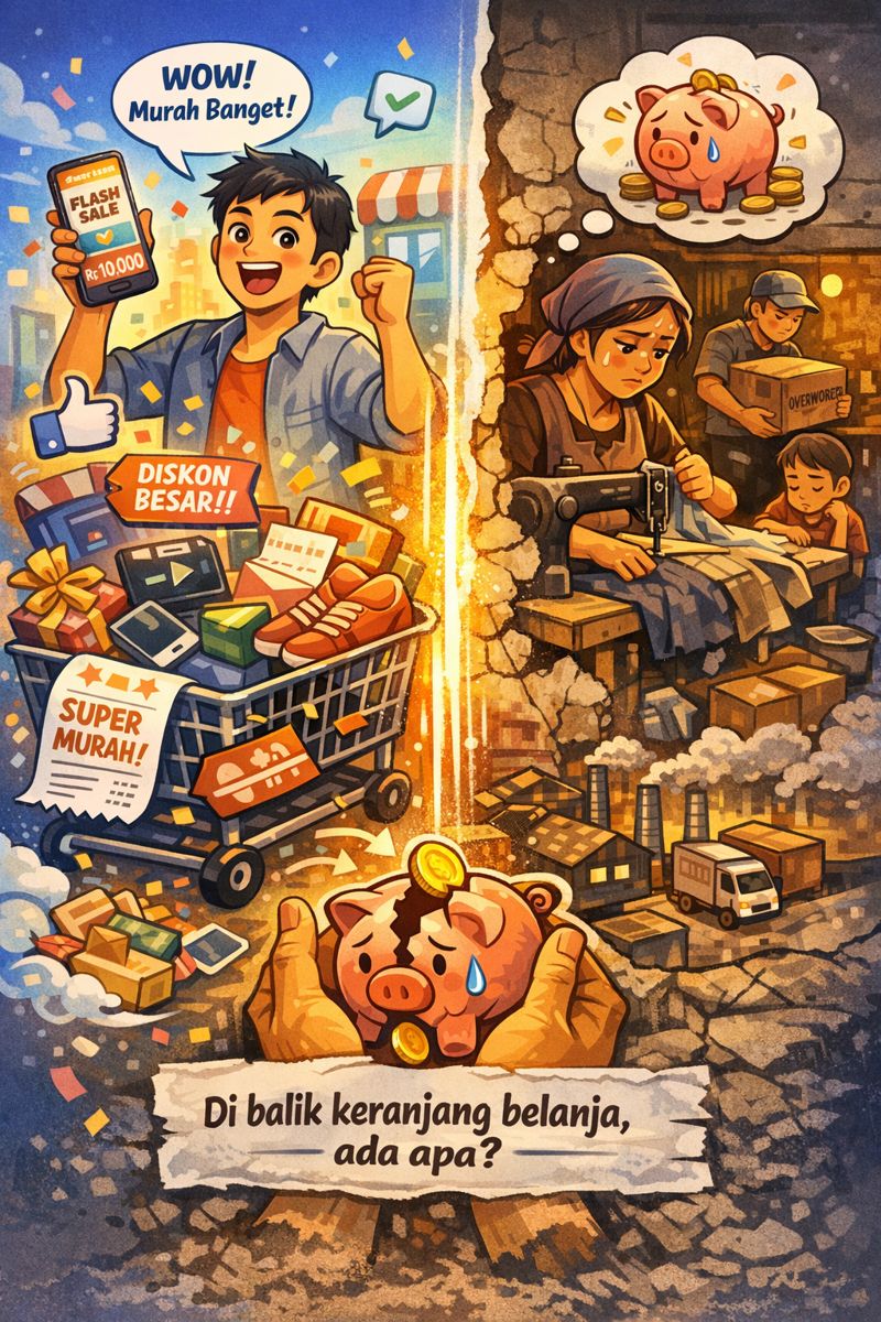 Ilustrasi kontras belanja online murah di marketplace: di satu sisi pembeli bahagia mendapat diskon besar, di sisi lain pekerja kecil menjahit dalam kondisi berat—menggambarkan pertanyaan tentang siapa yang menanggung harga murah dan makna berkah di balik keranjang belanja.