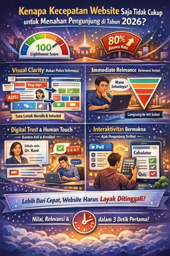 Ilustrasi infografis tentang pengalaman pengguna website di tahun 2026, menampilkan kecepatan website, relevansi konten, kepercayaan digital, dan interaktivitas pengunjung.