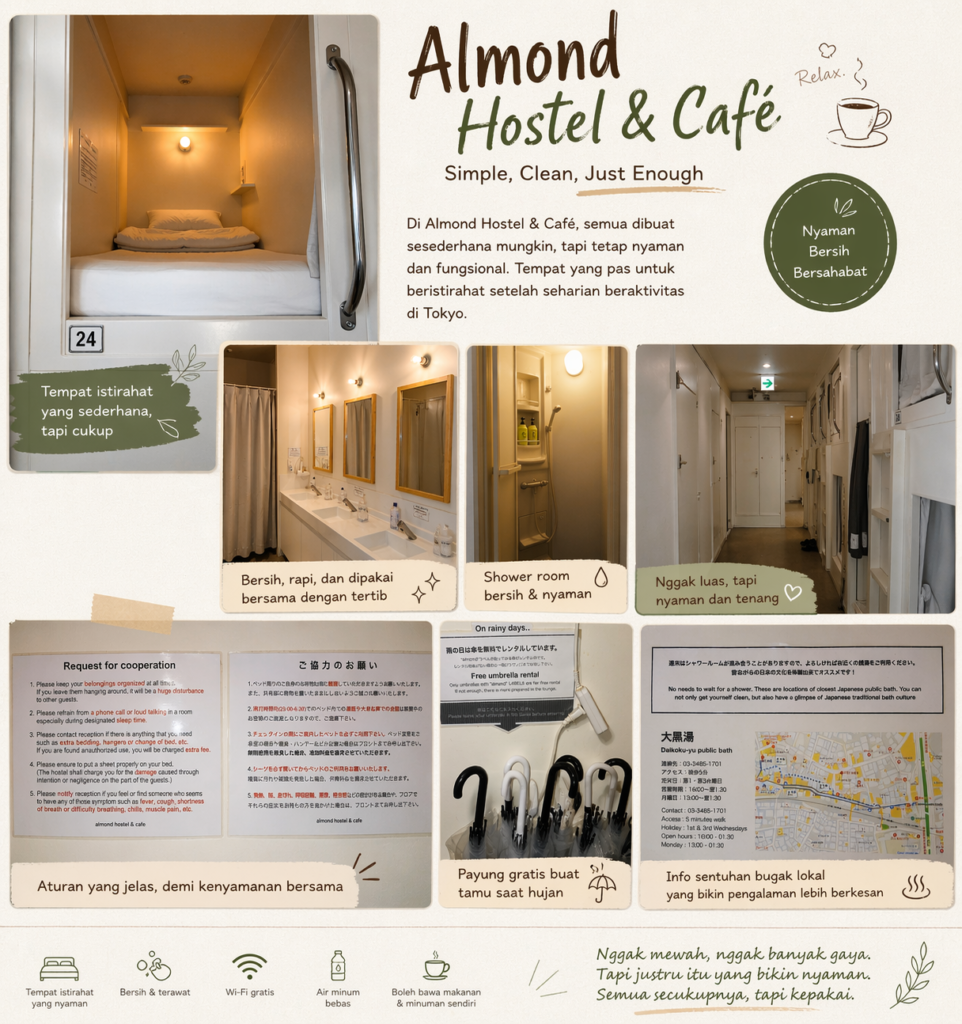 lmond Hostel & Café dengan kamar kapsul, kamar mandi bersama, lorong tenang, dan fasilitas sederhana yang bersih, nyaman, dan ramah bagi wisatawan.