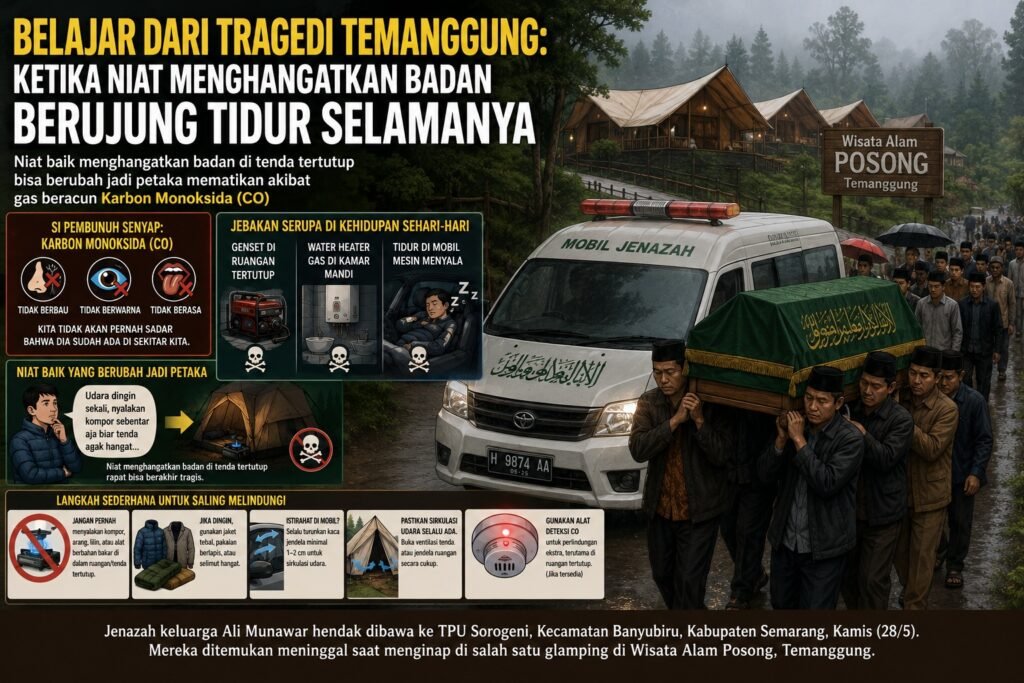Iring-iringan pemakaman keluarga Ali Munawar di kawasan Wisata Alam Posong, Temanggung, berdampingan dengan infografik edukasi tentang bahaya keracunan karbon monoksida (CO) akibat penggunaan kompor gas di dalam tenda tertutup.