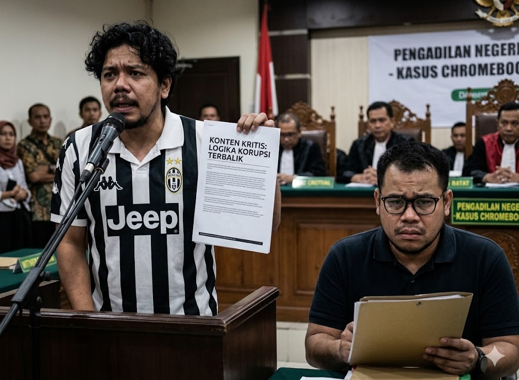 Ilustrasi AI ruang sidang: Pria mirip Ferry Irwandi berjersey Juventus memegang kertas 'SINGKAT SAJA' di podium, sementara pria mirip Ibrahim Arif berbaju hitam duduk tegang memegang dokumen di meja sidang