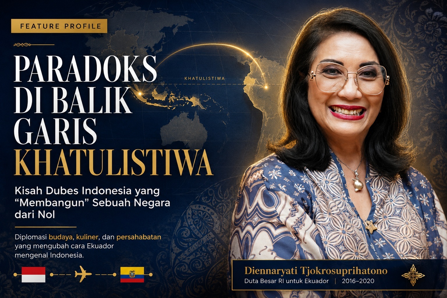 Sampul profil: Paradoks di Balik Garis Khatulistiwa — Kisah Dubes Indonesia yang Membangun Sebuah Negara dari Nol, menampilkan foto Diennaryati Tjokrosuprihatono