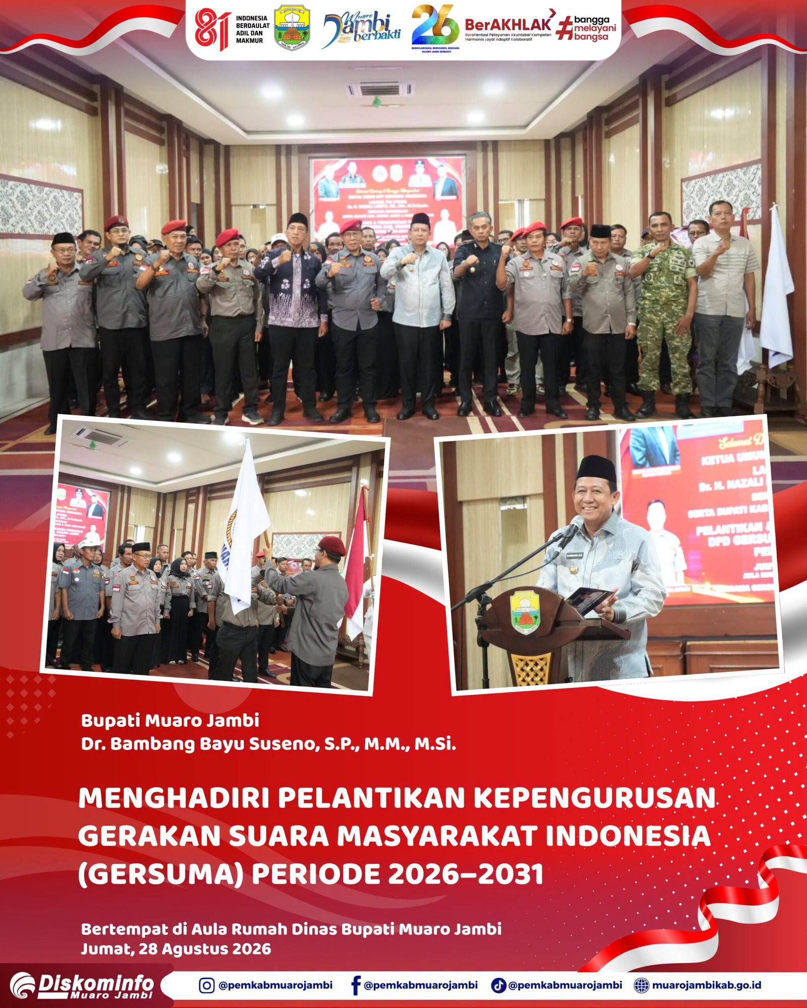 Laksda TNI (Purn.) Dr. Nazali Lempo memimpin pelantikan kepengurusan DPD GERSUMA Muaro Jambi